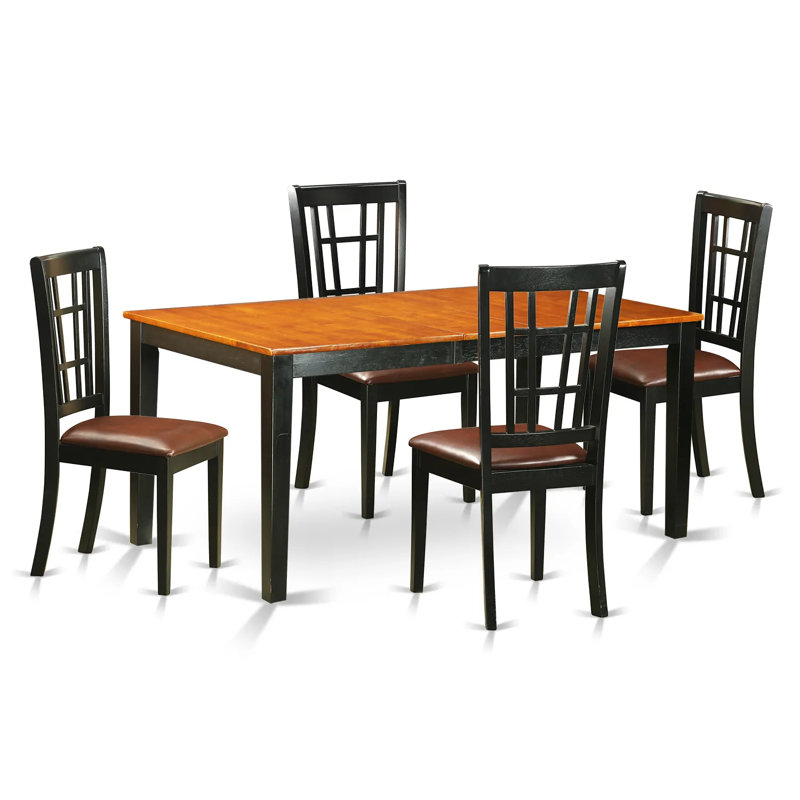 5 Piece Dinette Set for 4 Includes a Rectangle Dining Table with Butterfly Leaf and 4 Faux Leather Dining Room Chairs, Black & Cherry