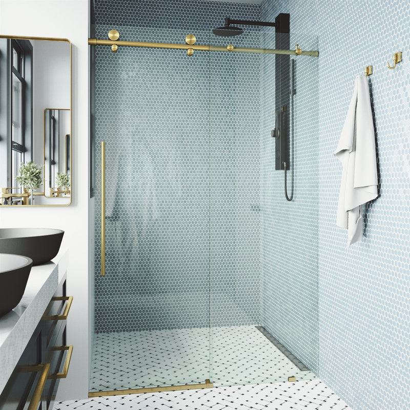 Elan E-Class 56-60" W x 76" H Sliding Frameless Shower Door with 3/8" Clear Glass, Matte Brushed Gold