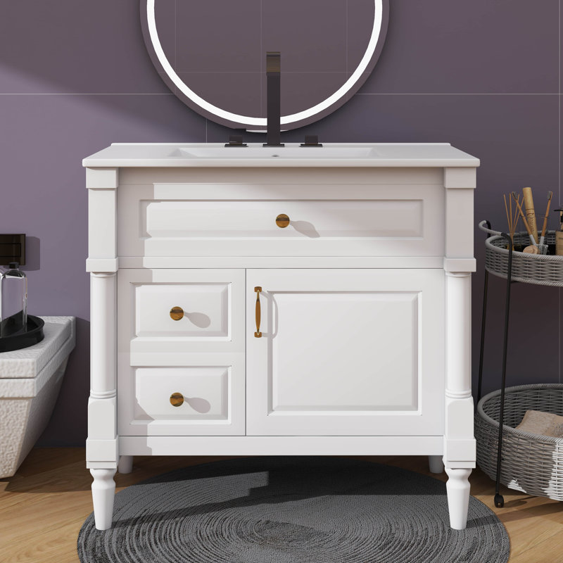 Meuble-lavabo autonome 36 po avec lavabo en céramique, tiroir rabattable, tablette réglable et poignées en métal 36 po