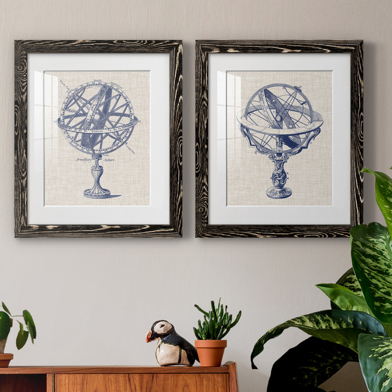 Armillary Sphere on Linen I - Reproduction d'art graphique encadré, H 20 po x l 17 po x P 1 po, Cadre en papier gris, Blanc