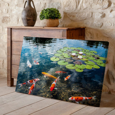 Canvas A Serene Pond Scene Featuring Vibrant Koi Fish Swimming Gracefully Wall Art Beneath The Surface Showcasing A Palette Of Orange Canvas Wall Art
