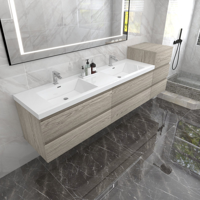 Moreno Bailey 103.5'' Double Bathroom Vanity with Acrylic Top, Teak Oak