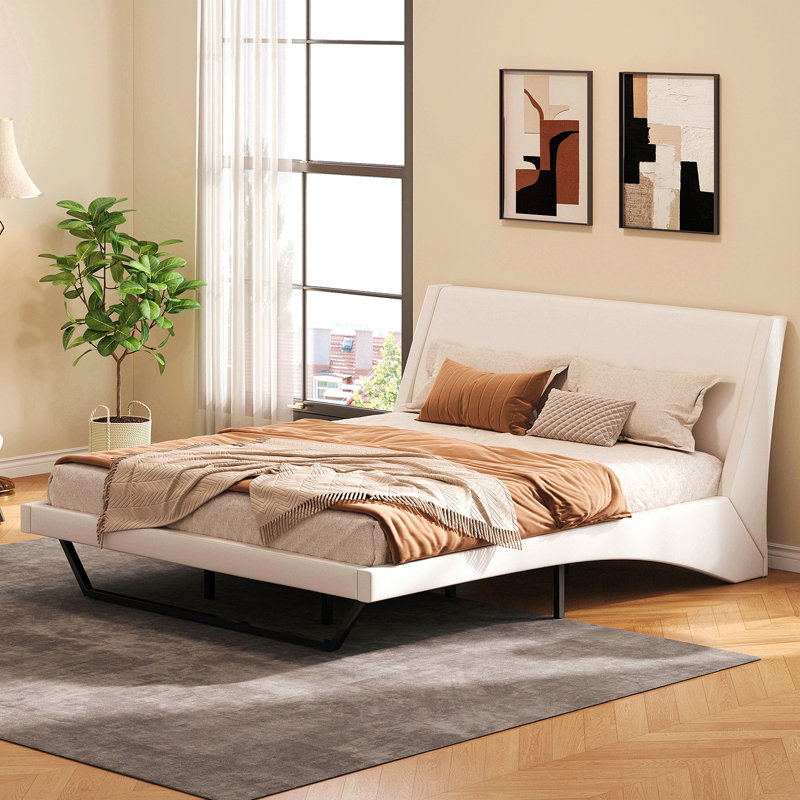 Queen Size Upholstered Bed Frame, Pu Leather Platform Bed With Wave-Like Curve Design And Trapezoidal-Shaped Leg, No Box Spring Needed, White