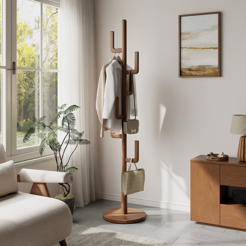 Solid Wood Cactus Coat Rack with 6 Hooks, Easy Assembly, Suitable for Entranceway, Bedroom, Storage of Coats and Bags., Brown