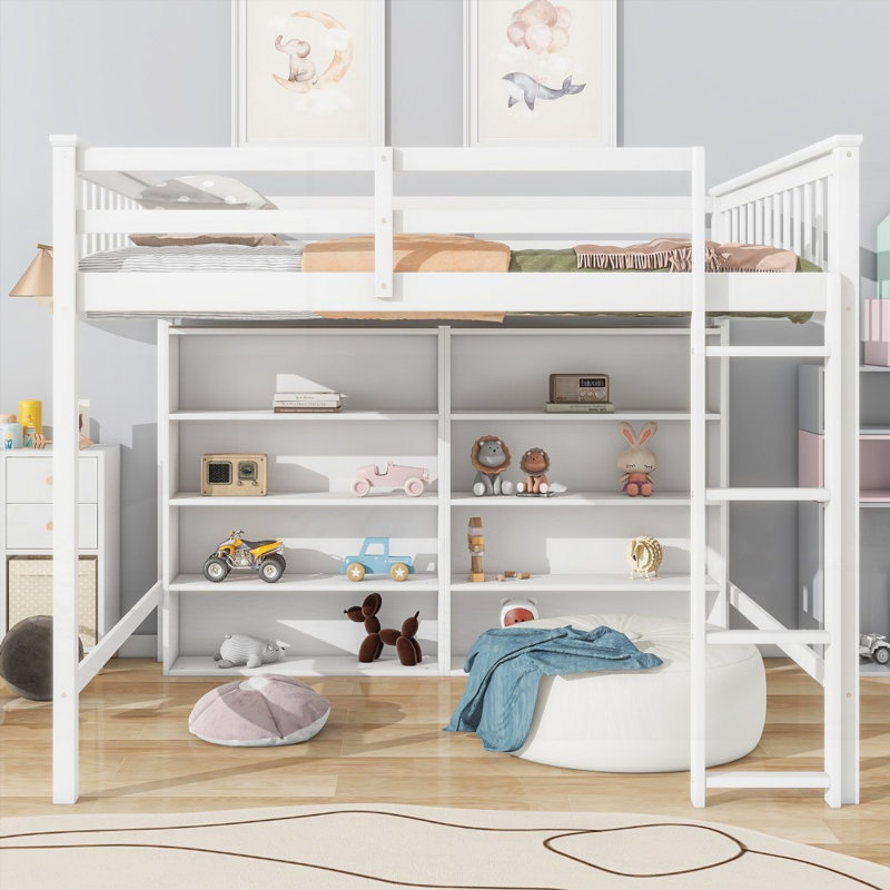 Lit mezzanine double avec 8 tablettes de rangement ouvertes Échelle intégrée, aucun sommier requis, bois de pin massif (blanc antique)