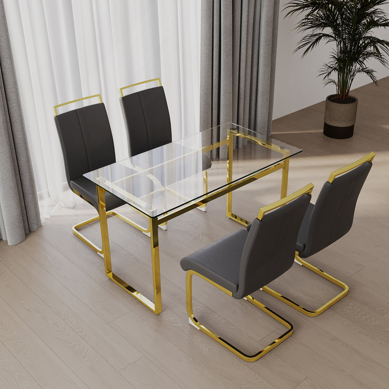 Ensemble de table de salle à manger pour 4, ensembles de table et chaises avec pieds dorés, plateau en verre trempé