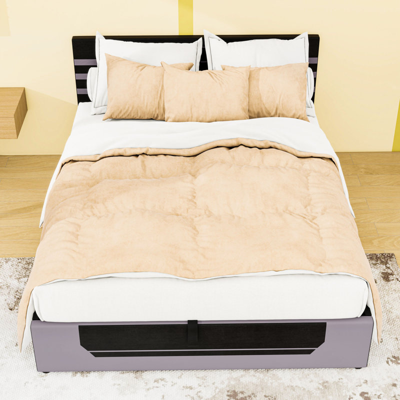 Grand lit de jeu avec tête de lit tapissier et rangement relevable, Gris