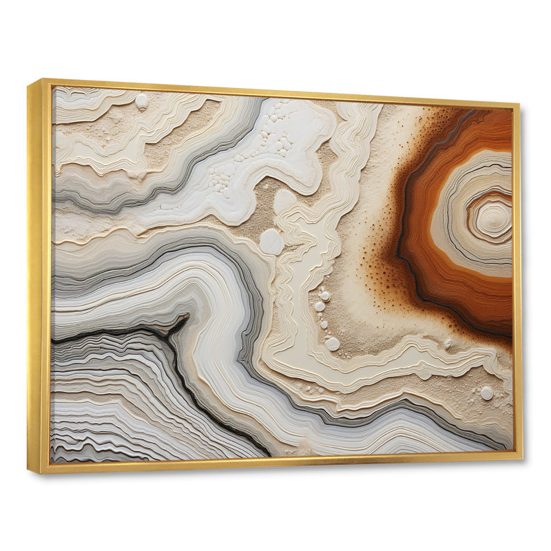 Pierre de minimalisme beige et orange Geode III sur toile, H 34 po x l 44 po x P 1,5 po, Cadre flottant doré