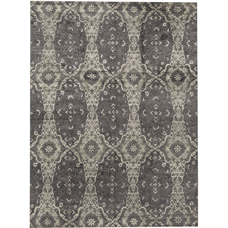 Wool Damask Area Rug in Charcoal/Ivory