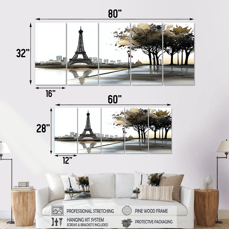 Abstrait Paris Eiffel Twilight Tower IV - Art mural sur toile - Art mural traditionnel, H 32 po x l 80 po, 5
