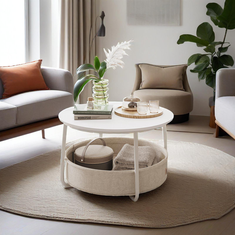 Table ronde avec panier en tissu, Blanc / Brun