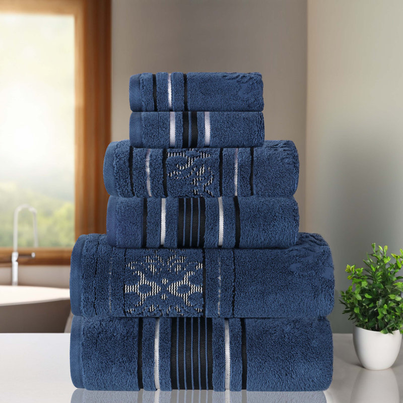 Sadie Zero Twist Cotton Solid and Jacquard Absorbent Assorted Towel Set, Navy Blue, Towel Set – 6 Pieces, Striped