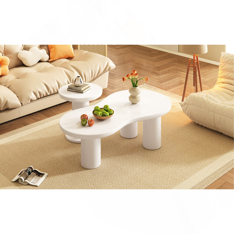 Ensemble de 2 tables basses gigognes faciles à assembler, table basse Cloud de style crème avec petite table d'appoint ronde, table centrale irrégulière avec pieds épais pour le salon