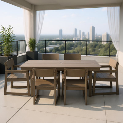 Repas d'extérieur pour 6 personnes, table de patio avec trou pour parasol, chaises avec accoudoirs, utilisation dans la cour et sur la terrasse, longue durée de vie, sièges personnalisables, pelouse près de la piscine, personnalisable, durable