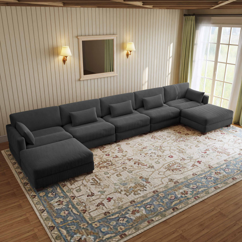 Canapé modulaire rembourré en velours côtelé 7 pièces Maelina avec dossier coussiné et repose-pieds amovible Maelina