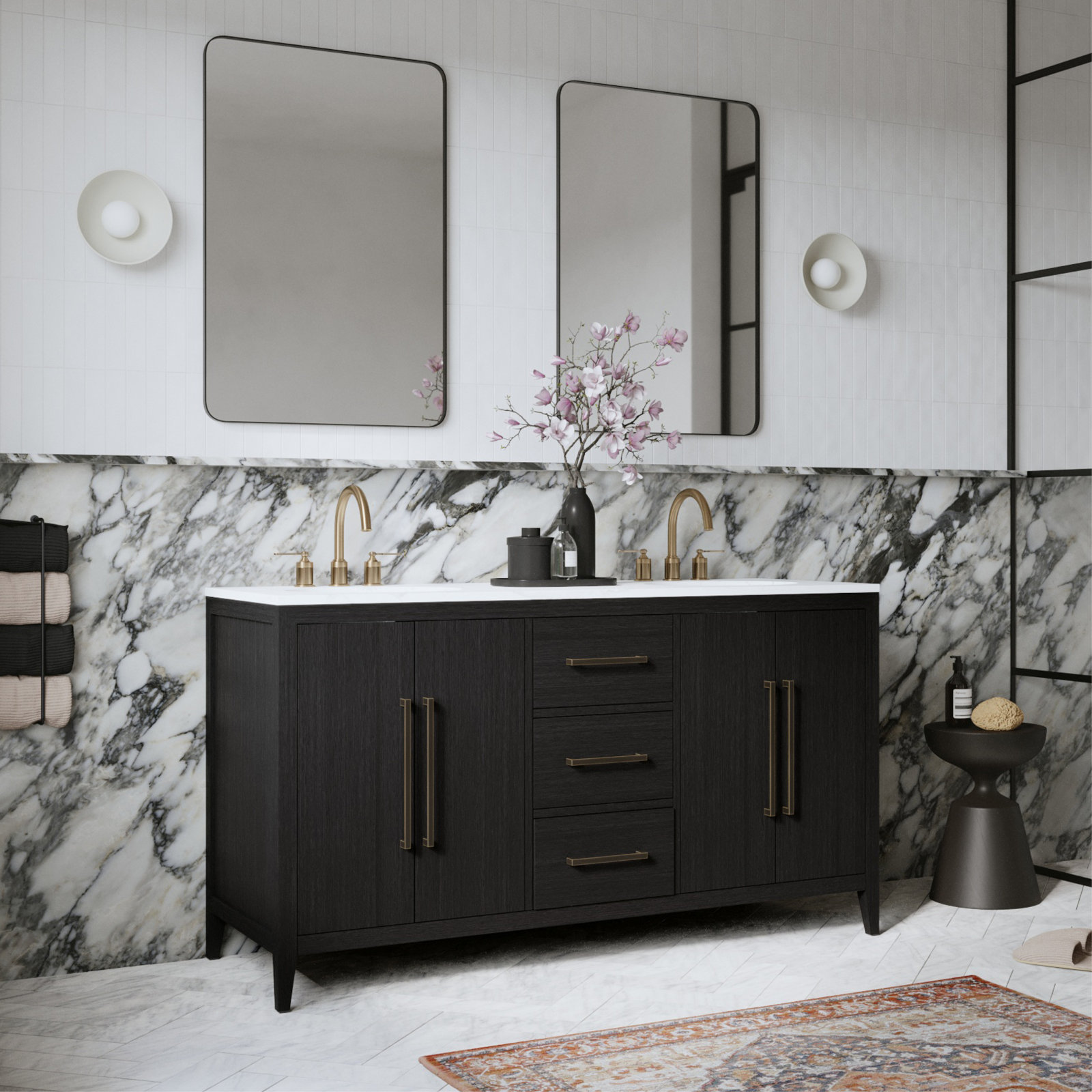 Alsup 60'' Double Bathroom Vanity with Quartz Top, Dark Weathered Oak