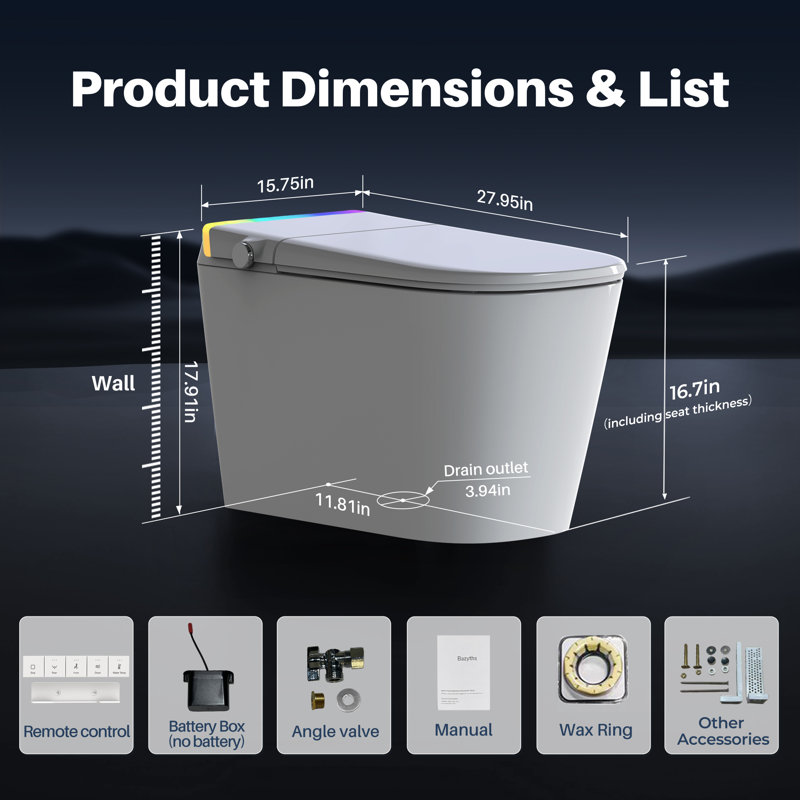 Bazyths Smart Toilet With Bidet, 4-second Quiet Flush, Foam Shield, Adjustable Ambient Lighting, Auto Open/close Lid, Dual Memory, Built-in Tank, Foot Sensor, Heated Seat, One-piece Elongated Design, 12 in. Rough In