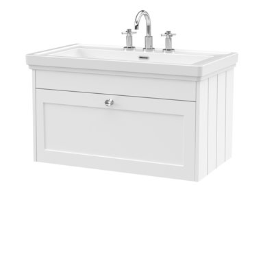 Old London Ashwick Satin White 800mm Wall Hung 1-Drawer Unit With Basin 3 Tap Hole