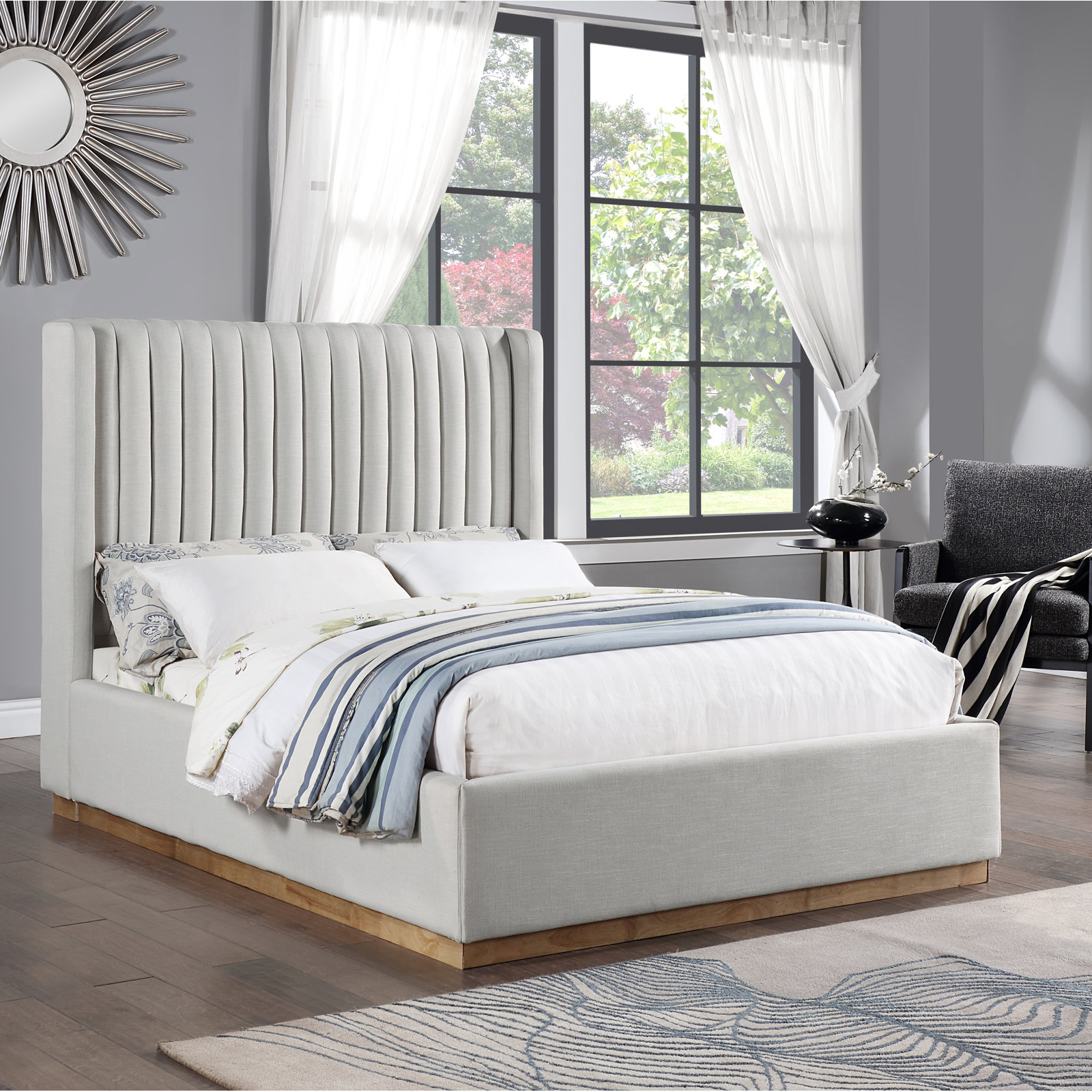 Chamblis Linen Upholstered Bed, Cream Linen Textured Fabric, Queen