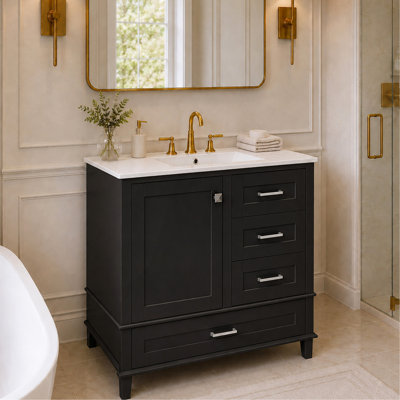 Meuble-lavabo de 91 cm (36 po), meuble de salle de bain moderne avec lavabo intégré, meuble de rangement avec 1 porte et 3 tiroirs à fermeture amortie, structure en bois massif