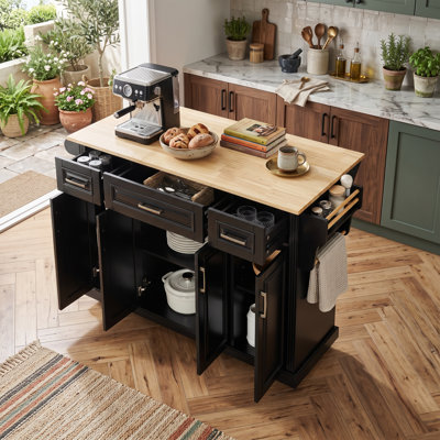 Chariot de cuisine de 119 cm avec plateau rabattable, meuble de rangement à roulettes à 3 tiroirs avec multiprise, blanc