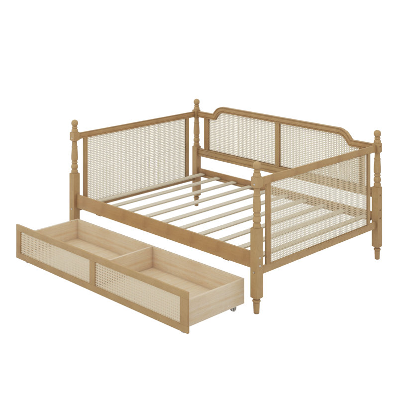 Traditional Style Rattan Daybed With 2 Drawers, Full