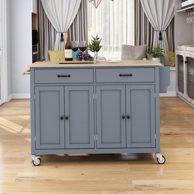 Chariot pour îlot de cuisine avec plateau en bois massif et roulettes verrouillables, armoire à 4 portes et tiroirs, Bleu