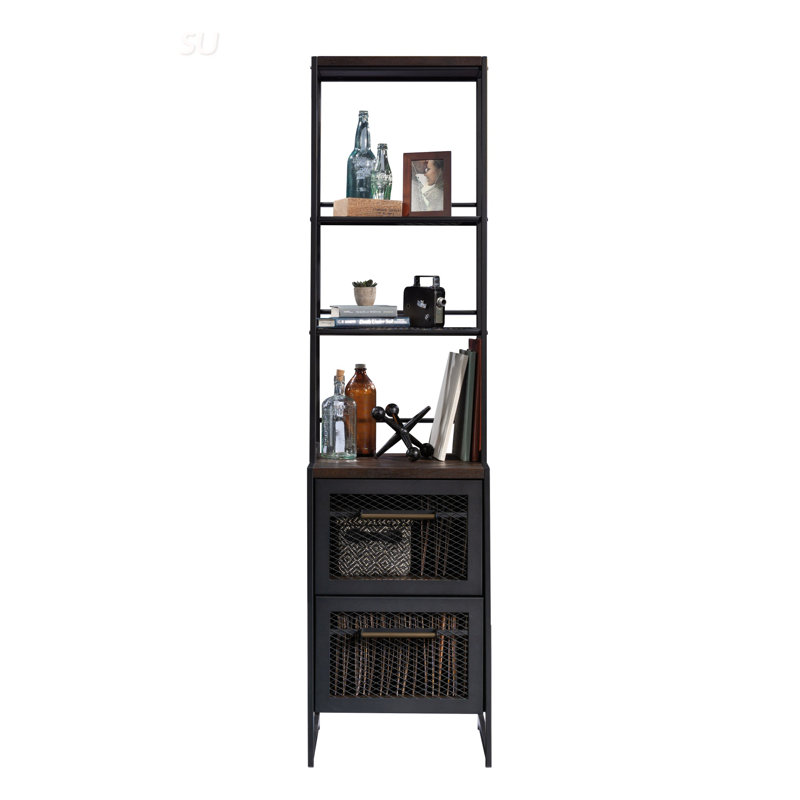Bibliothèque étroite avec deux tablettes réglables, parfaite pour les solutions de rangement modernes pour la maison et le bureau.