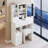 Small Size Left Drawer Desktop Vanity Table + Cushioned Stool, Extra Large Right sliding mirror, Multi Layer High Capacity Storage, Practical Fashionable Dresser, Suitable For Small Space-1536187805