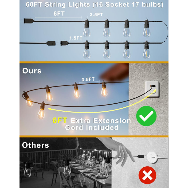 60FT Warm White LED Outdoor String Lights with Shatterproof Bulbs