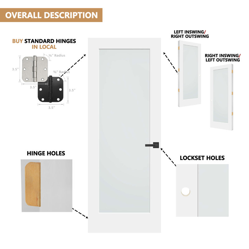 (avec trou de porte et charnières libres) Porte intérieure en verre transparent 1-Lite, 28 po x 80 po, Gauche