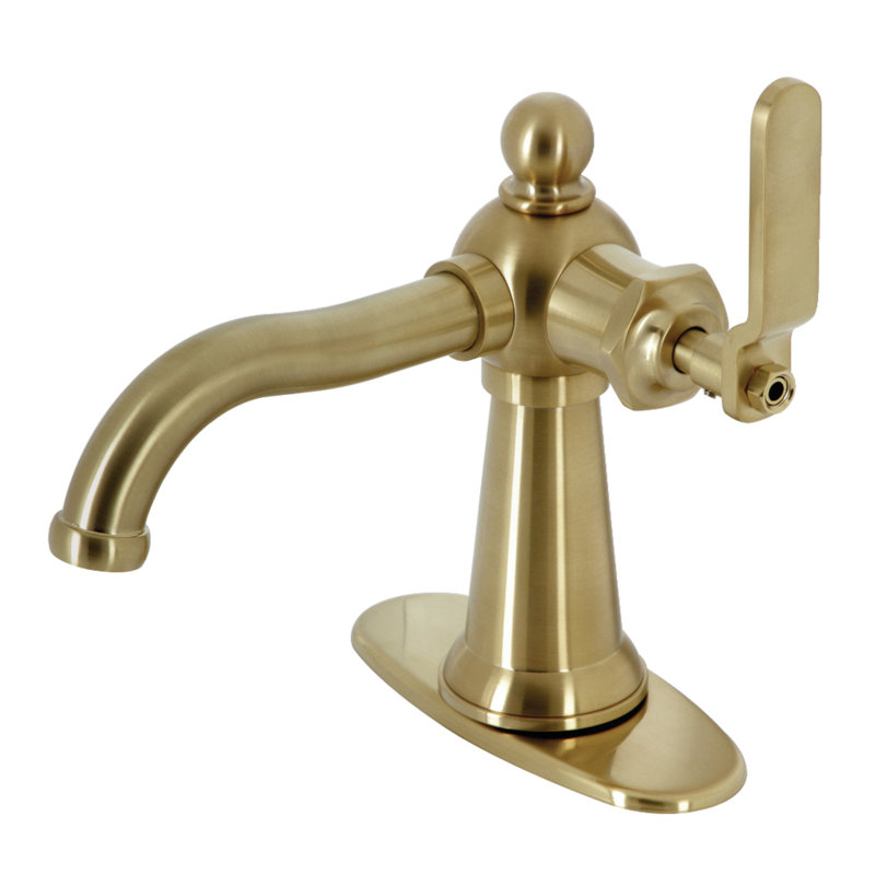Kingston Brass Knight Single-Handle 1-Hole Deck Mount Bathroom Faucet with Push Pop-Up and Deck Plate, Brushed Brass