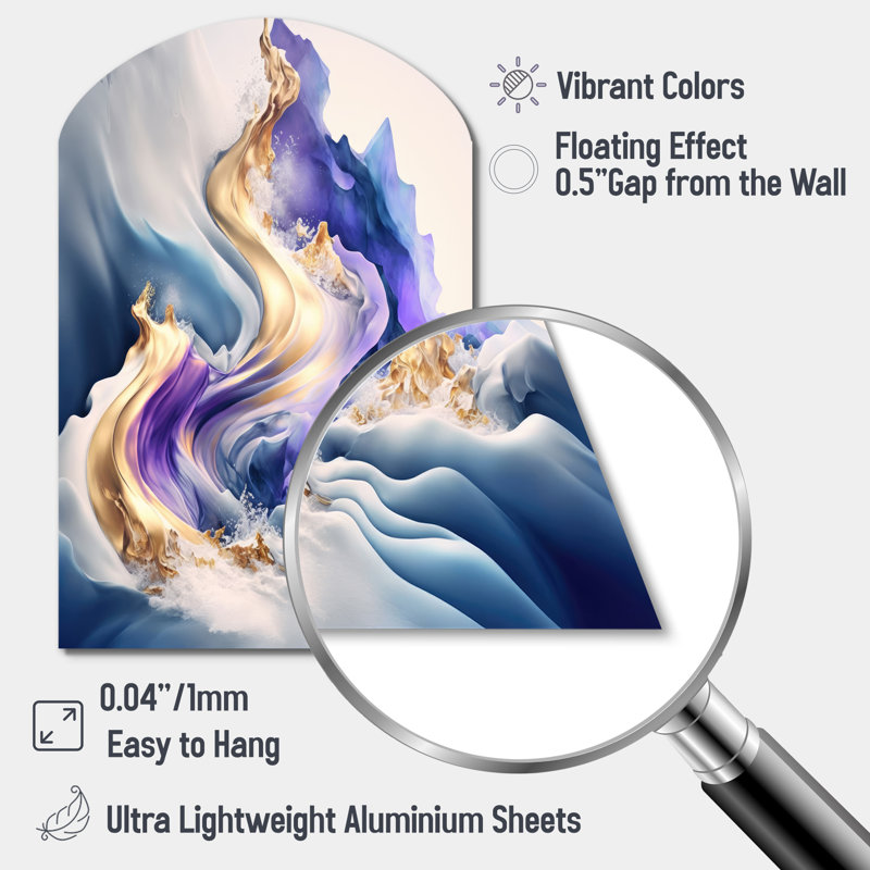 «Blue and Gold Splash Paint III - Abstract Spirals Arch», art mural en métal bleu asymétrique, H 43 po x l 33 po