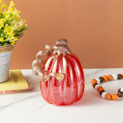 6"H Fall Red Glass Pumpkin With Glitter