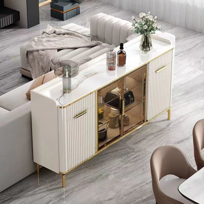 63" Modern Buffet Sideboard With Sintered Stone Top Fluted Doors And Drawers White And Gold