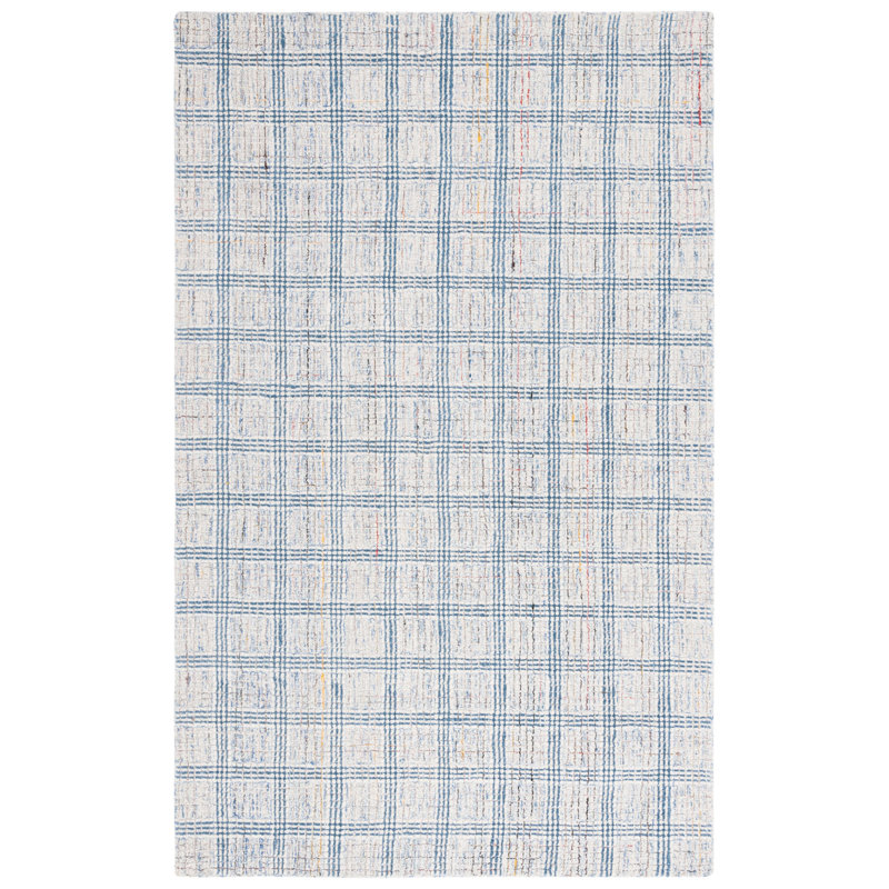 Ivory and Blue Hand-Tufted Wool Plaid Rug 3' x 5'