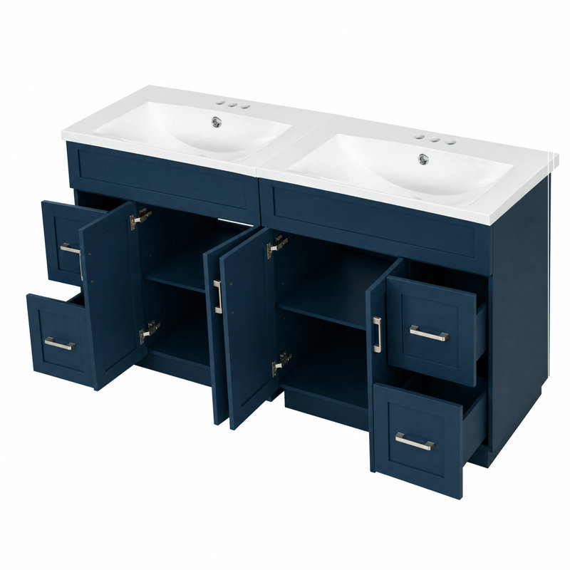 Meuble-lavabo avec 4 portes d'armoire, 4 tiroirs et 2 tablettes réglables, Blue