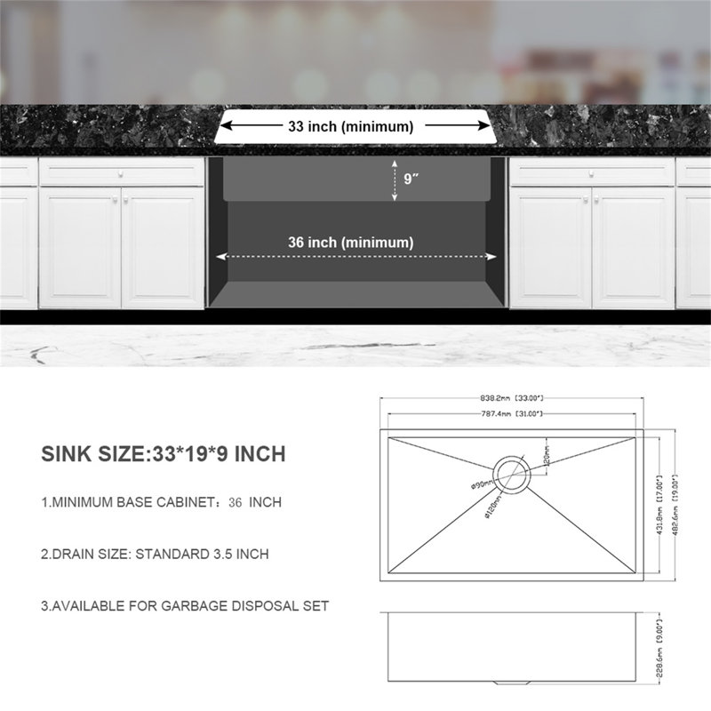 Évier de cuisine encastrable 33 po - 33 po x 19 po x 9 po en acier inoxydable