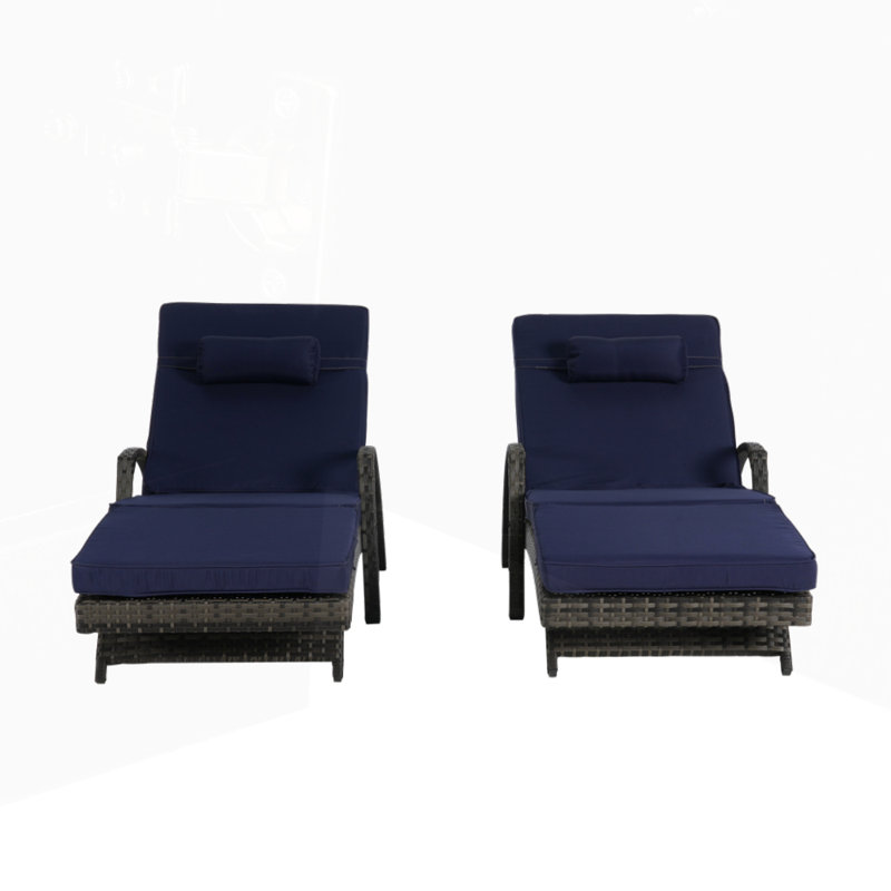Outdoor Wicker Long Reclining Chair Set of 2 with Cushions, Light Gray