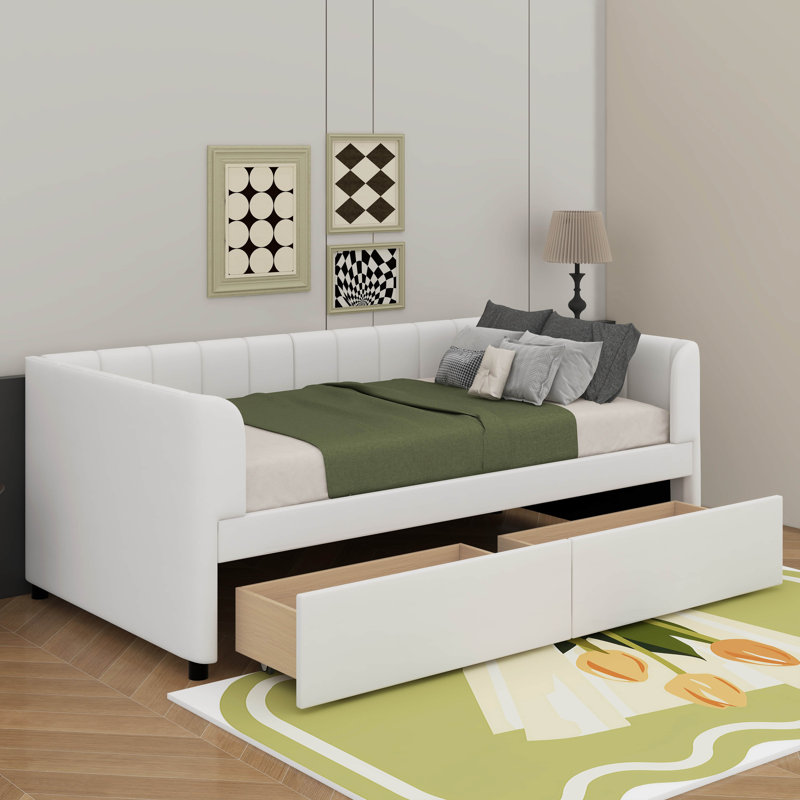 Lit de jour simple tapissier avec 2 tiroirs, Beige