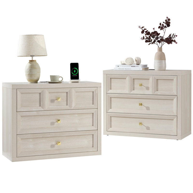 Mid-Century 3D design 31'' W 3-Drawers Nightstands Set of 2, Beige