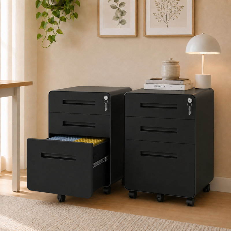 Classeur vertical mobile à 3 tiroirs avec serrure Bizoe, accrédité BIFMA, coins arrondis pour bureau personnel, Noir