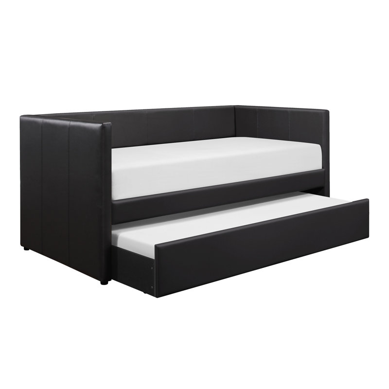 Black Faux Leather Upholstered Contemporary Daybed With Trundle Wooden Furniture 1Pc, Black
