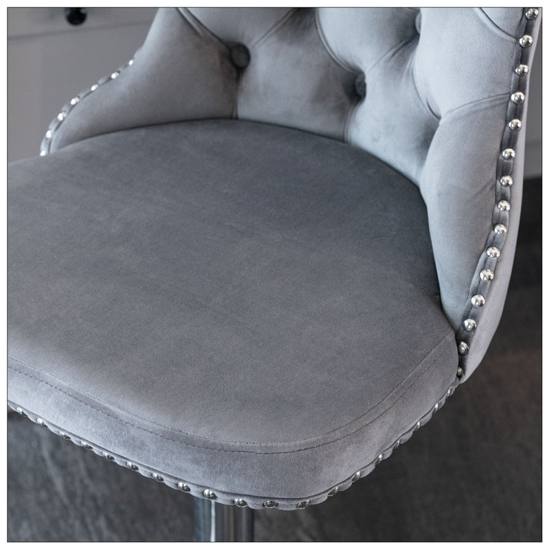 2PCS Velvet Swivel Tufted Back Barstools With Metal Silver Base, Gray