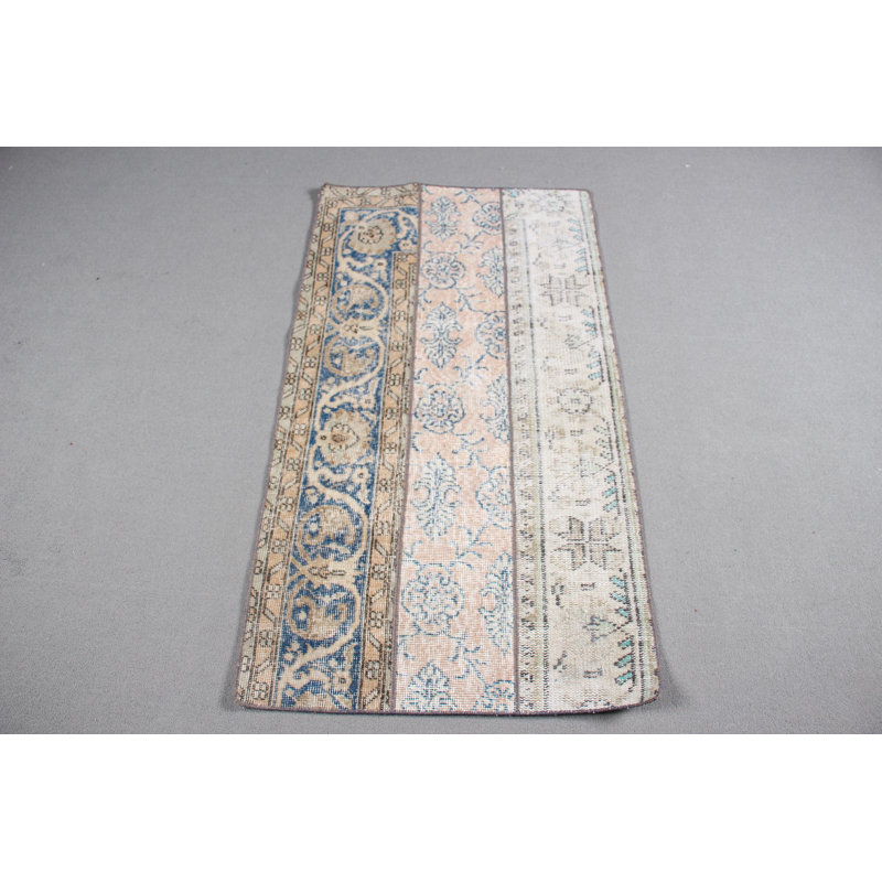 Antique Wool Turkish Rug With Beige Patchwork Design Ideal for Small Spaces