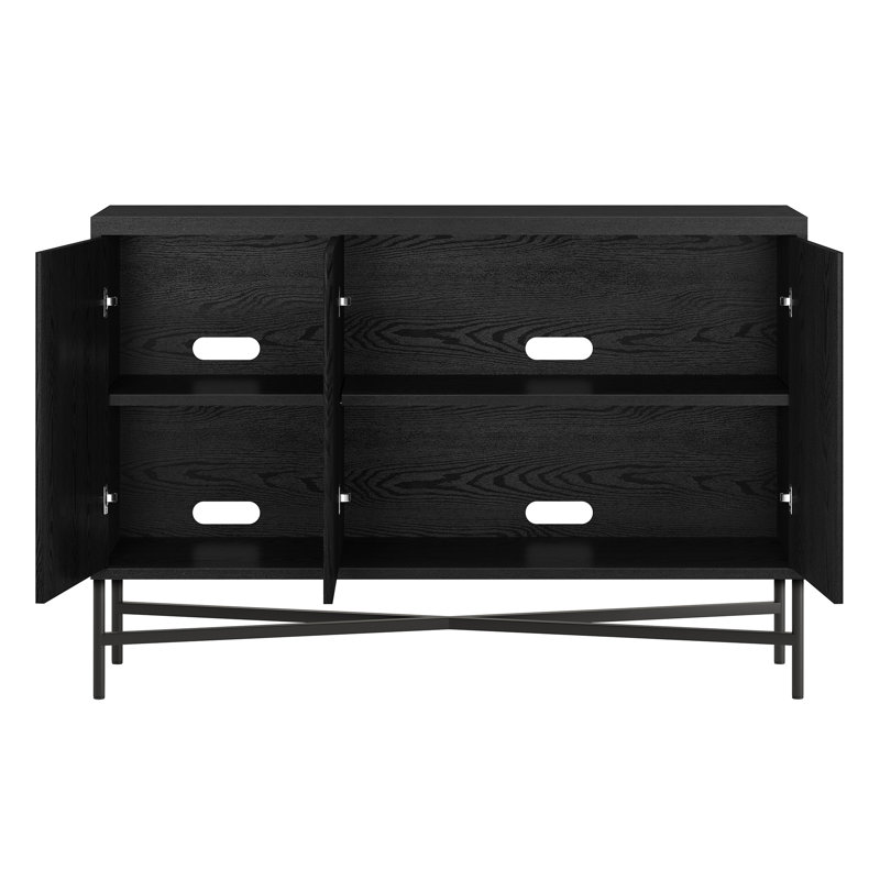 Buffet cannelé de 122 cm avec étagères réglables et système de gestion des câbles — Meuble de rangement scandinave noir veiné pour salle à manger ou salon | Dodson
