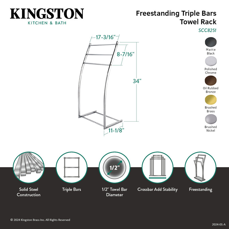 Kingston Brass Edenscape Freestanding 3-Bar Towel Rack, Matte Black
