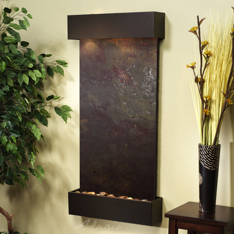 Natural Stone Waterfall Fountain with Light, Multi-Color Feather, Antique Bronze