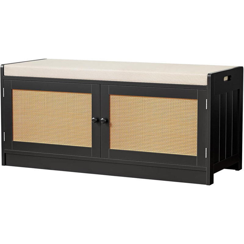 Banc d'entrée pour chaussures avec rangement - Armoire en rotin à 2 portes et 2 niveaux avec coussin rembourré et tablettes réglables