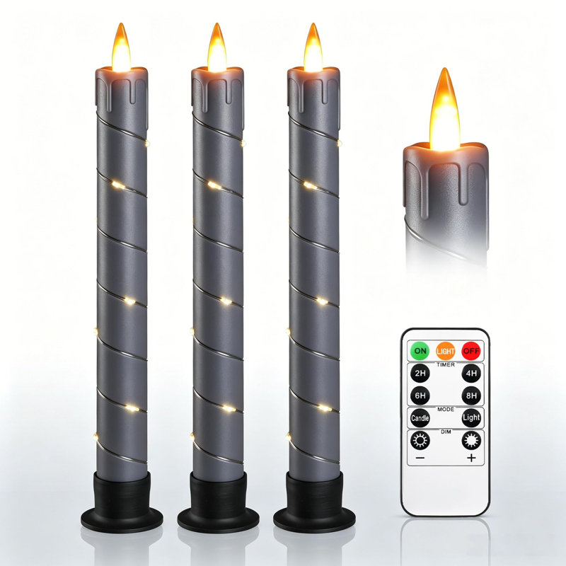Unscented Flameless Taper Candle with Plastic Holder, Grey
